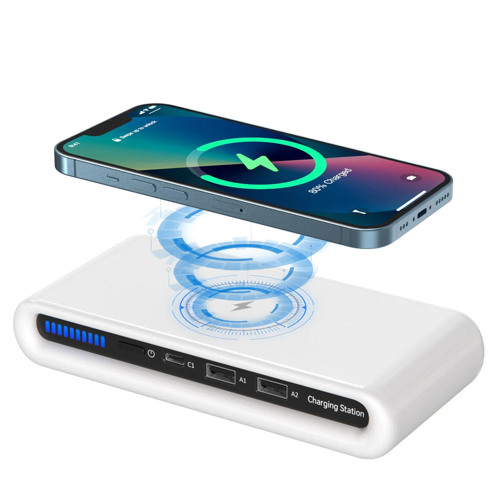 White desktop wireless charger with ambient lighting showing phone charging and colour illumination
