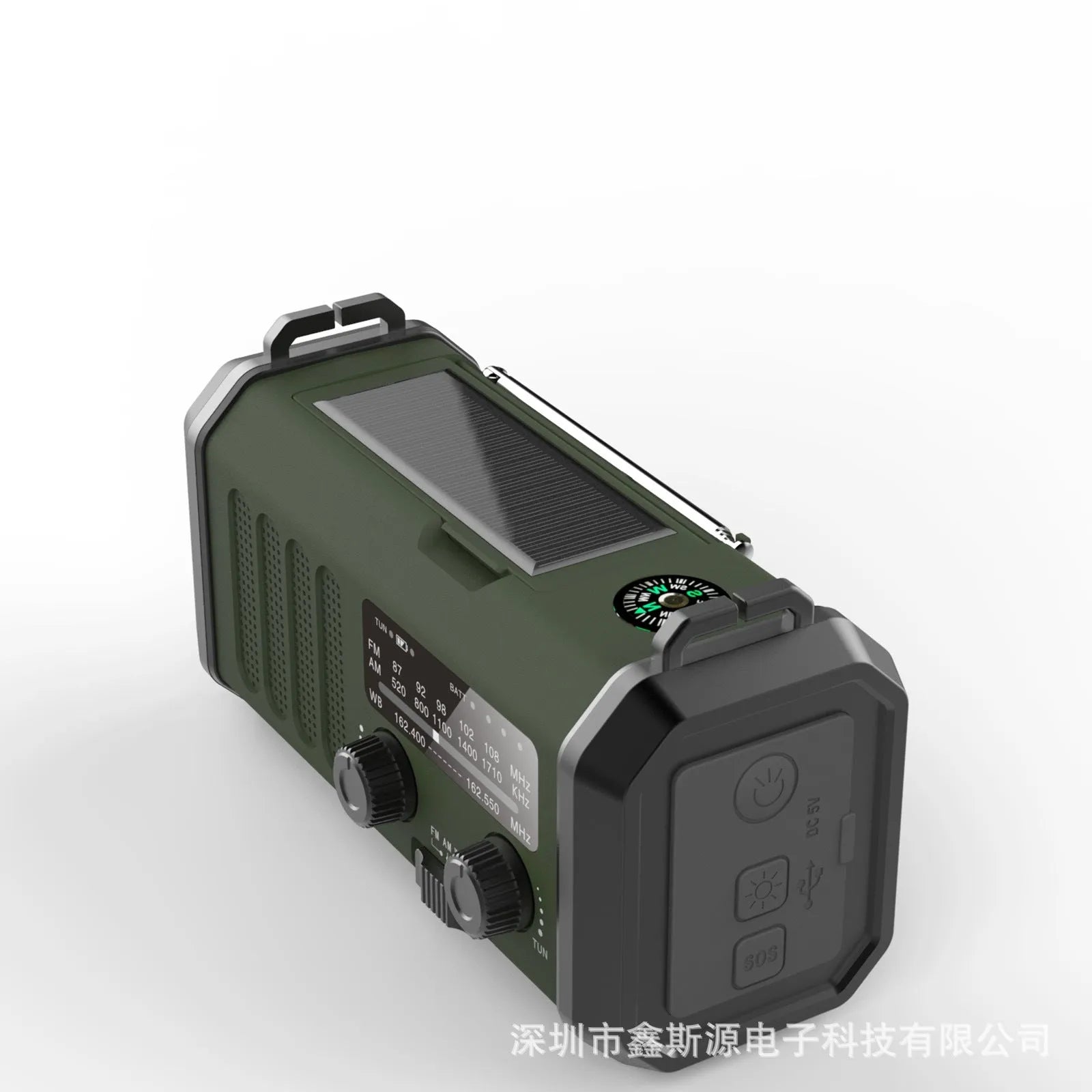 Outdoor emergency solar charging flashlight radio with ABS housing, 16x6x8.5cm, in army green, showing front panel with screen and speaker