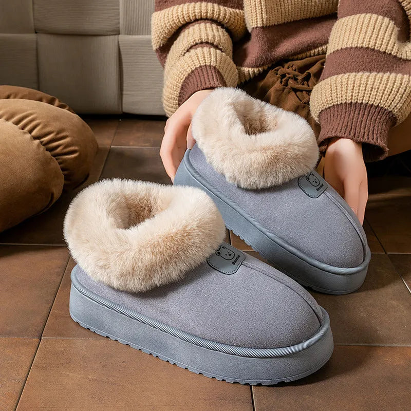 Women's ankle wrap cotton slippers with plush upper, flat heel, available in beige, black, gray, khaki