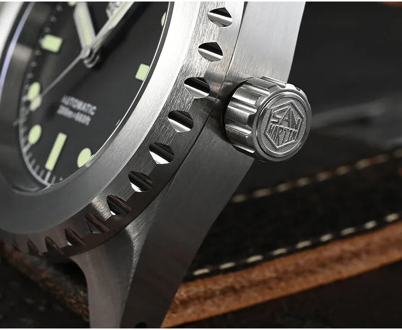 Men's 316L stainless steel diving automatic mechanical watch with black dial, luminous markers, and cowhide strap on white background