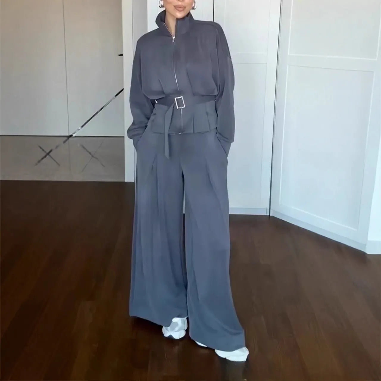 Women's casual polyester stand collar zipper jacket and trousers suit with belt in dark brown on model