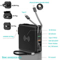 Black cylindrical Super QI power bank with built-in folding UK plug and wireless charging symbol on top