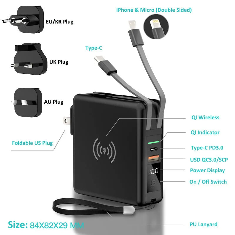 Black cylindrical Super QI power bank with built-in folding UK plug and wireless charging symbol on top