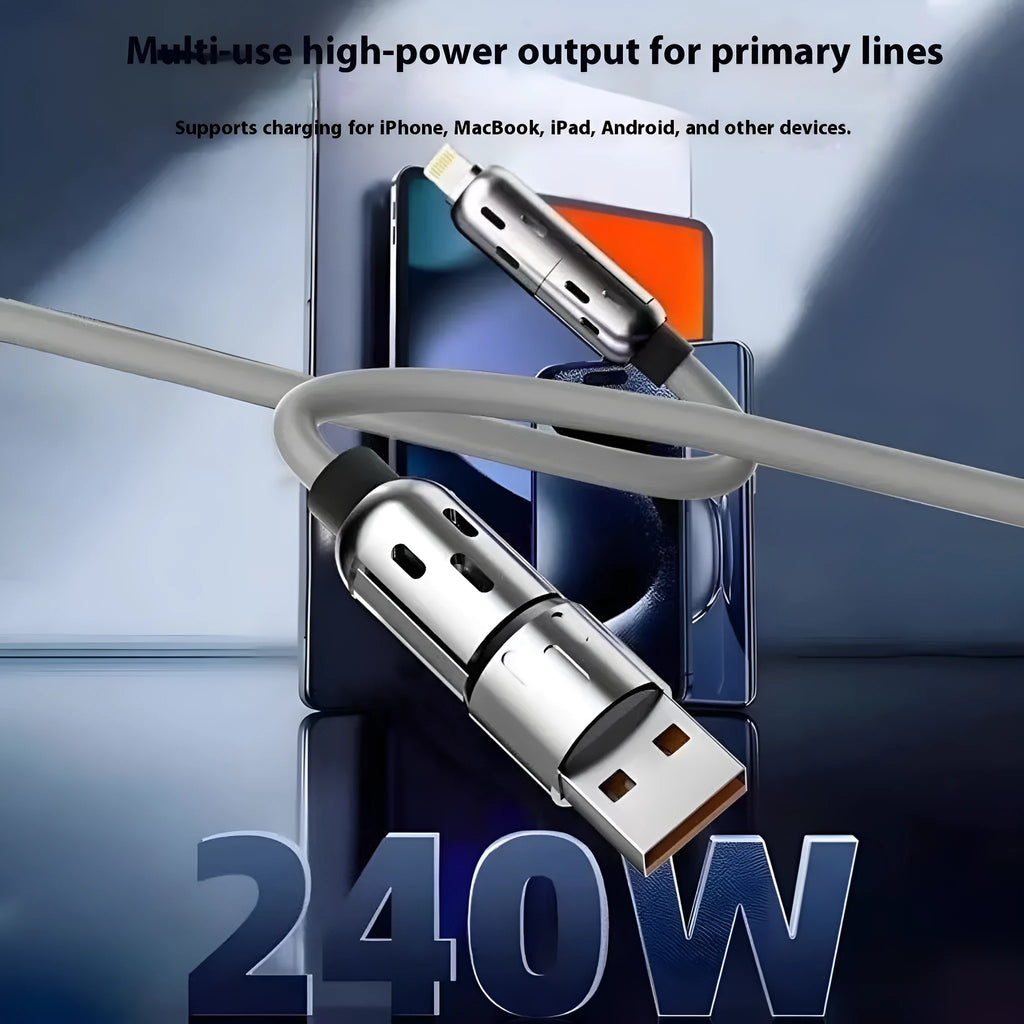 Four-in-one PVC fast charge data cable 1.5 metres 27W with Lightning Type-C Tpc connectors in black