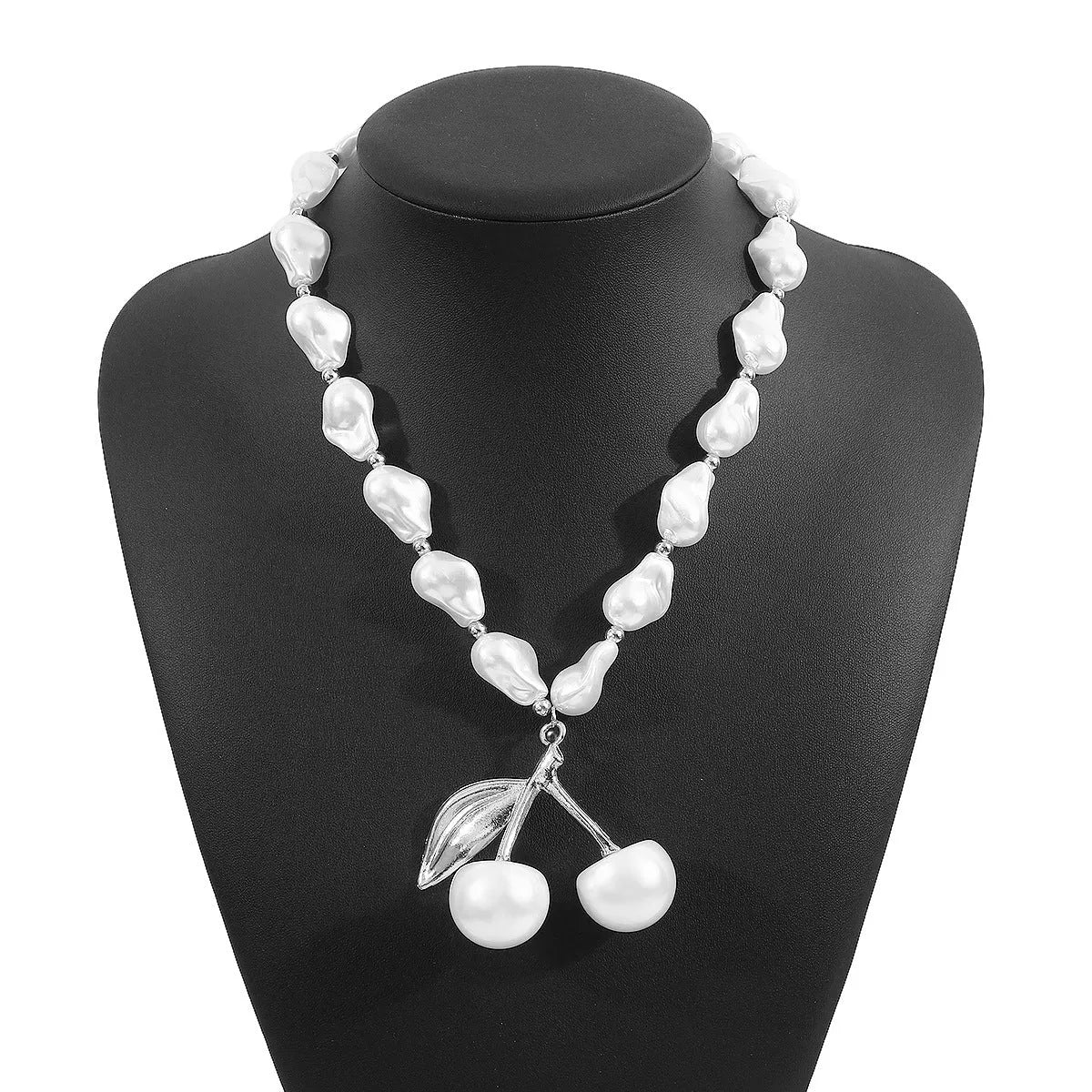 Gold and white K irregular cherry fruit pendant necklace with imitation pearls on alloy chain for women