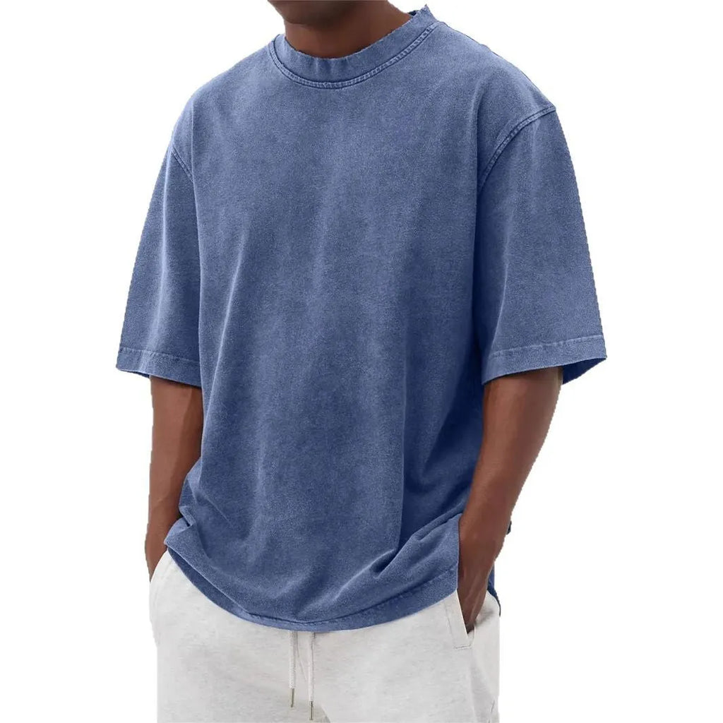 Men's loose-fitting distressed polyester t-shirt in solid colours with half sleeves