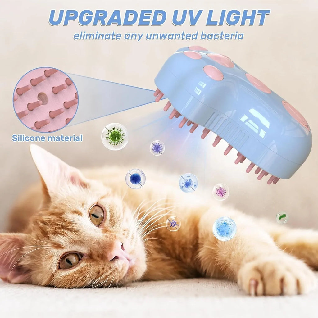 Blue 4-in-1 self-cleaning cat steam brush with silicone bristles and rechargeable spray bottle