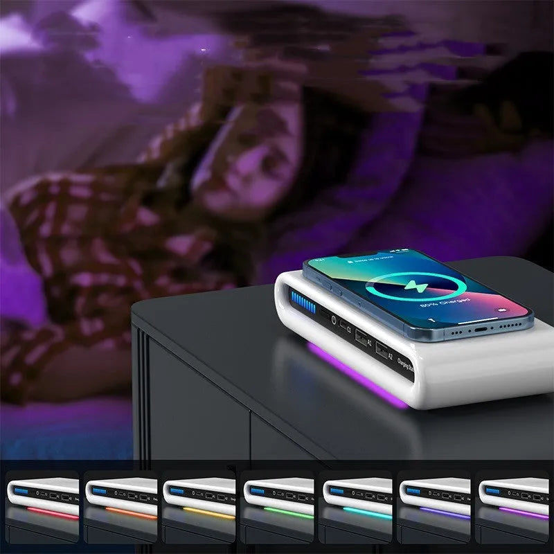 White desktop wireless charger with ambient lighting showing phone charging and colour illumination