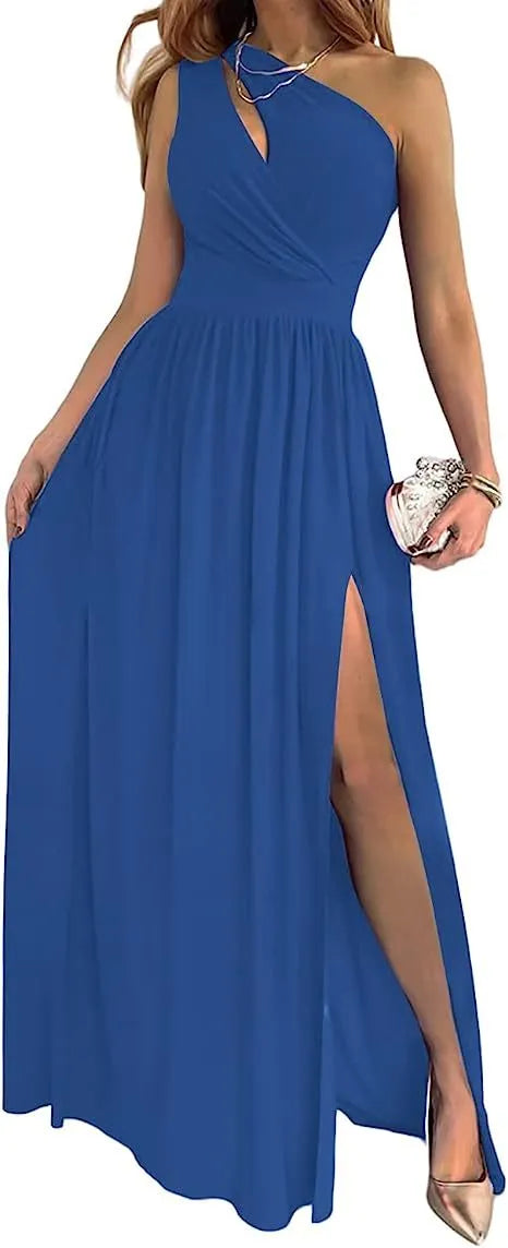 Women's one shoulder sleeveless maxi dress with high side split cutout in soft fabric.