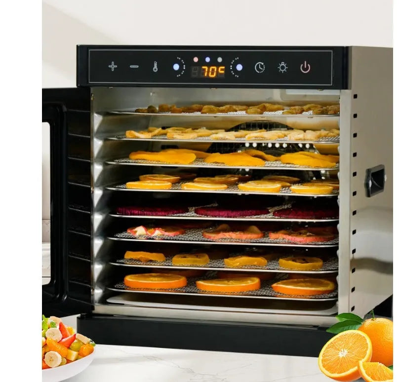 Stainless steel fruit dehydrator machine with multiple drying trays and LED control panel