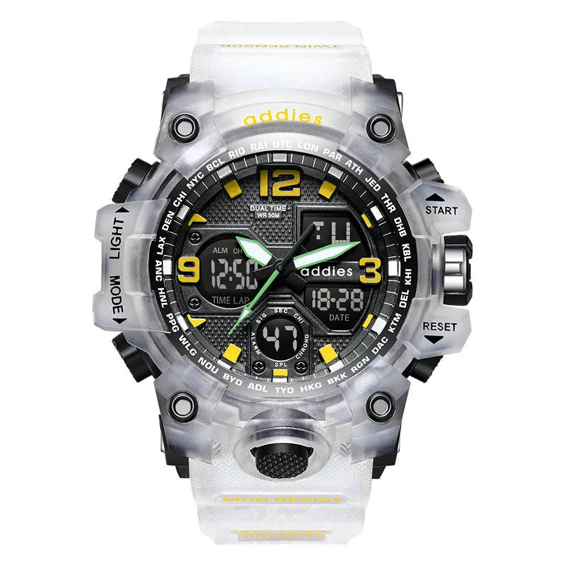 Men's white and red dual display electronic sports watch on wrist, showing analogue hands and digital numbers.