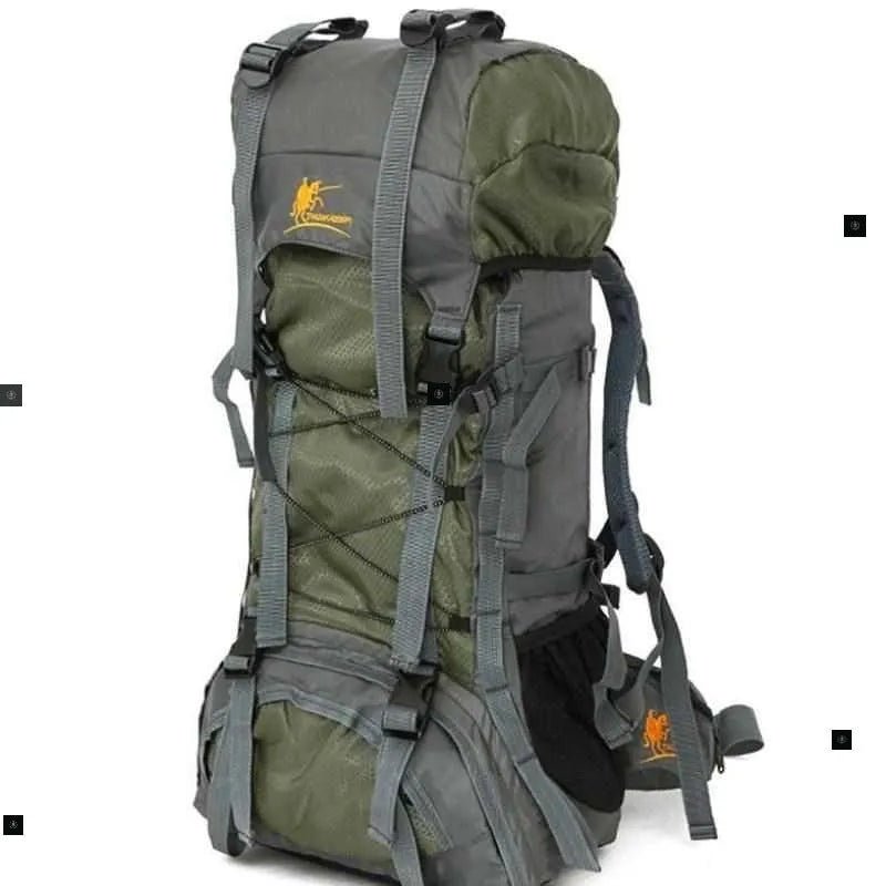 60L waterproof hiking travel bag with leather trim in yellow, green and blue colour options