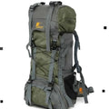 60L waterproof hiking travel bag with leather trim in yellow, green and blue colour options