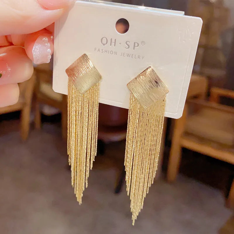 Geometric metal diamond tassel earrings for women, copper with electroplated gold colour finish