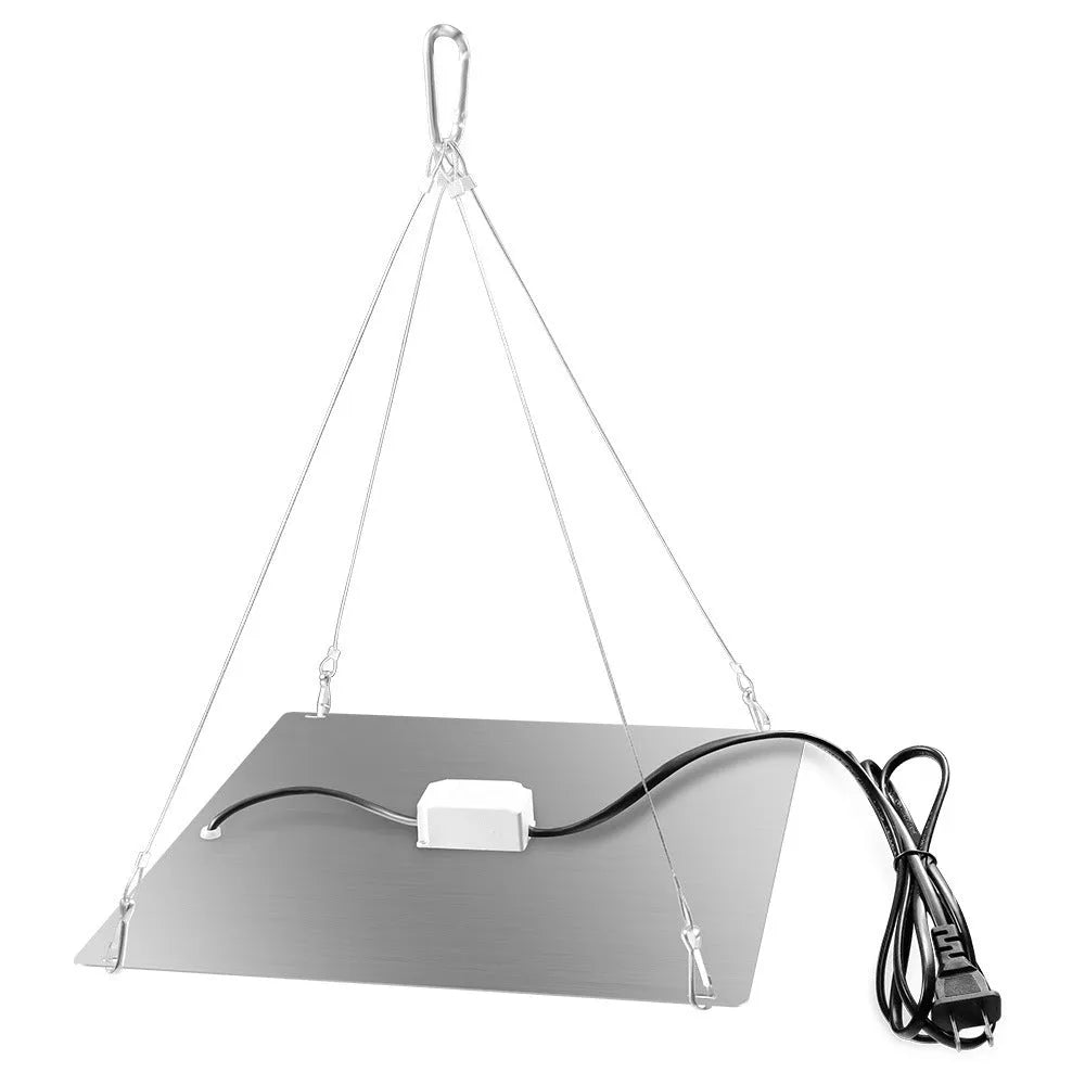 Silver aluminium LED plant growth light with hook for mounting above indoor vegetable plants.