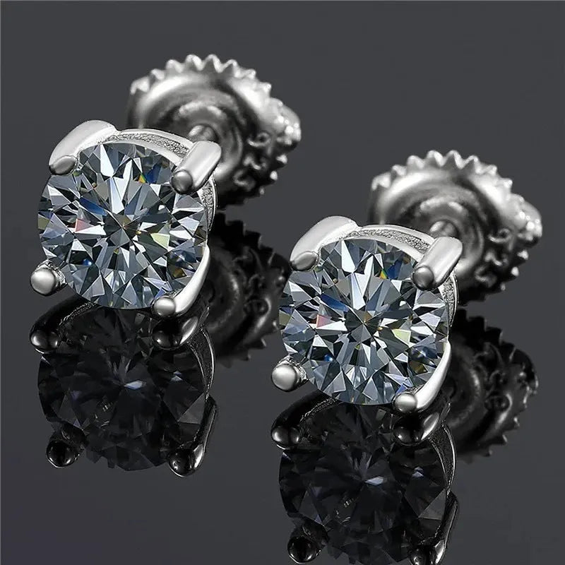 Silver screw-back moissanite stud earrings with geometric design and four-claw stone settings