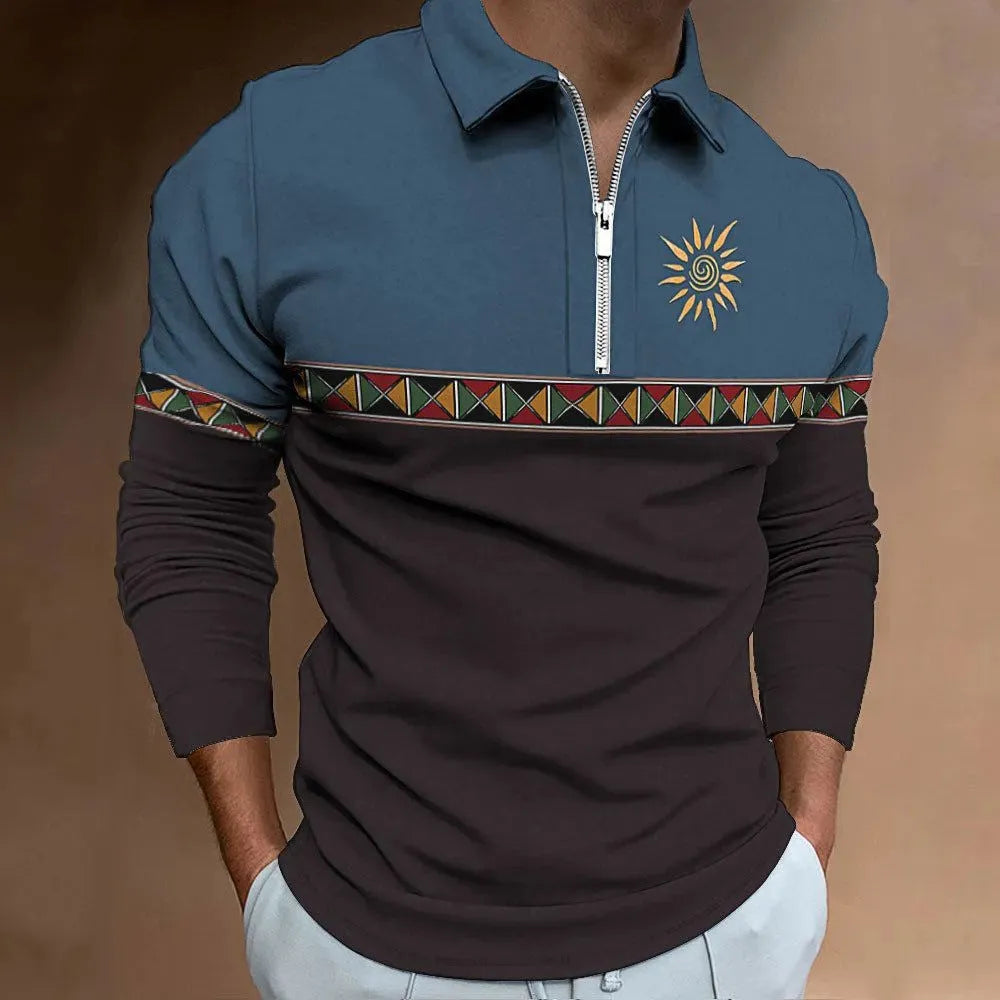 Man wearing a long sleeve loose fit t-shirt with a retro striped print and zip detail decorations.