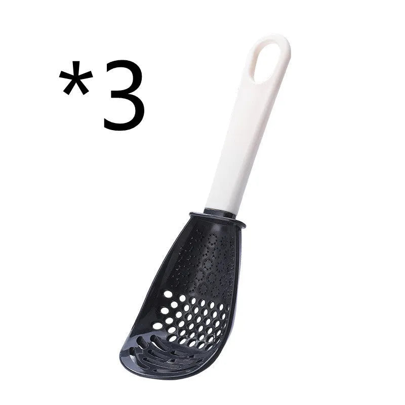 Red and black plastic multifunctional slotted cooking spoon with serrated edges for mashing and grinding.