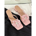 Women's chunky heel sandals with square toe design and one-line strap in satin material