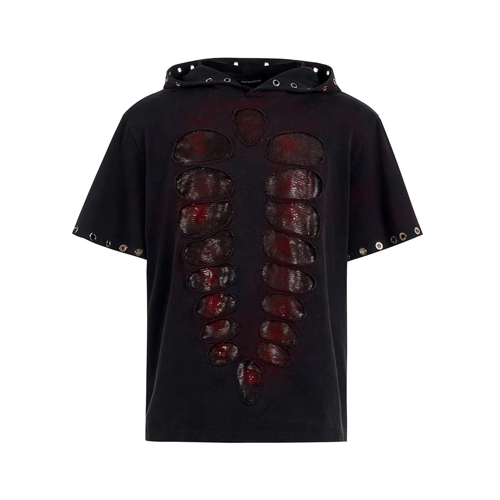 Black men's loose-fit hooded short-sleeve T-shirt with sequin detailing.