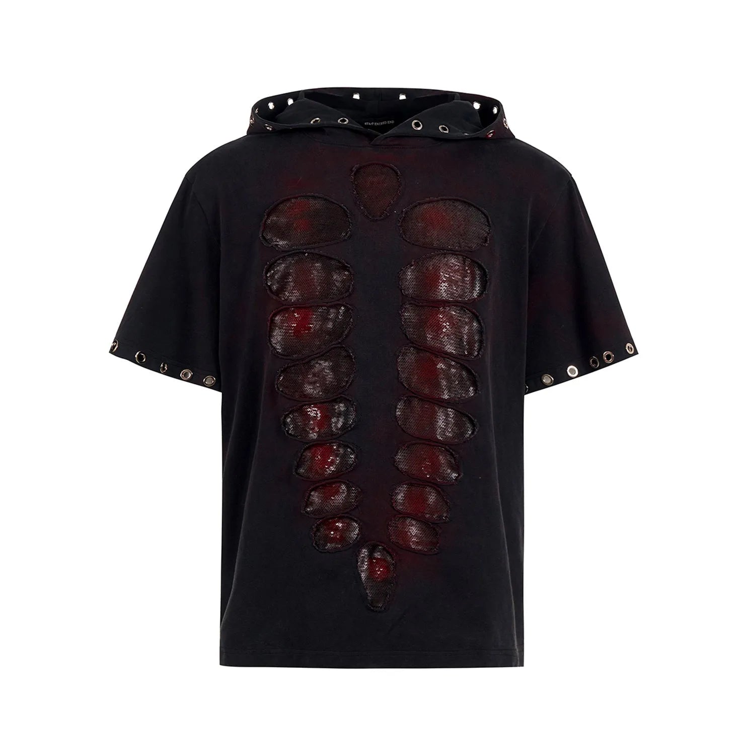 Black men's loose-fit hooded short-sleeve T-shirt with sequin detailing.
