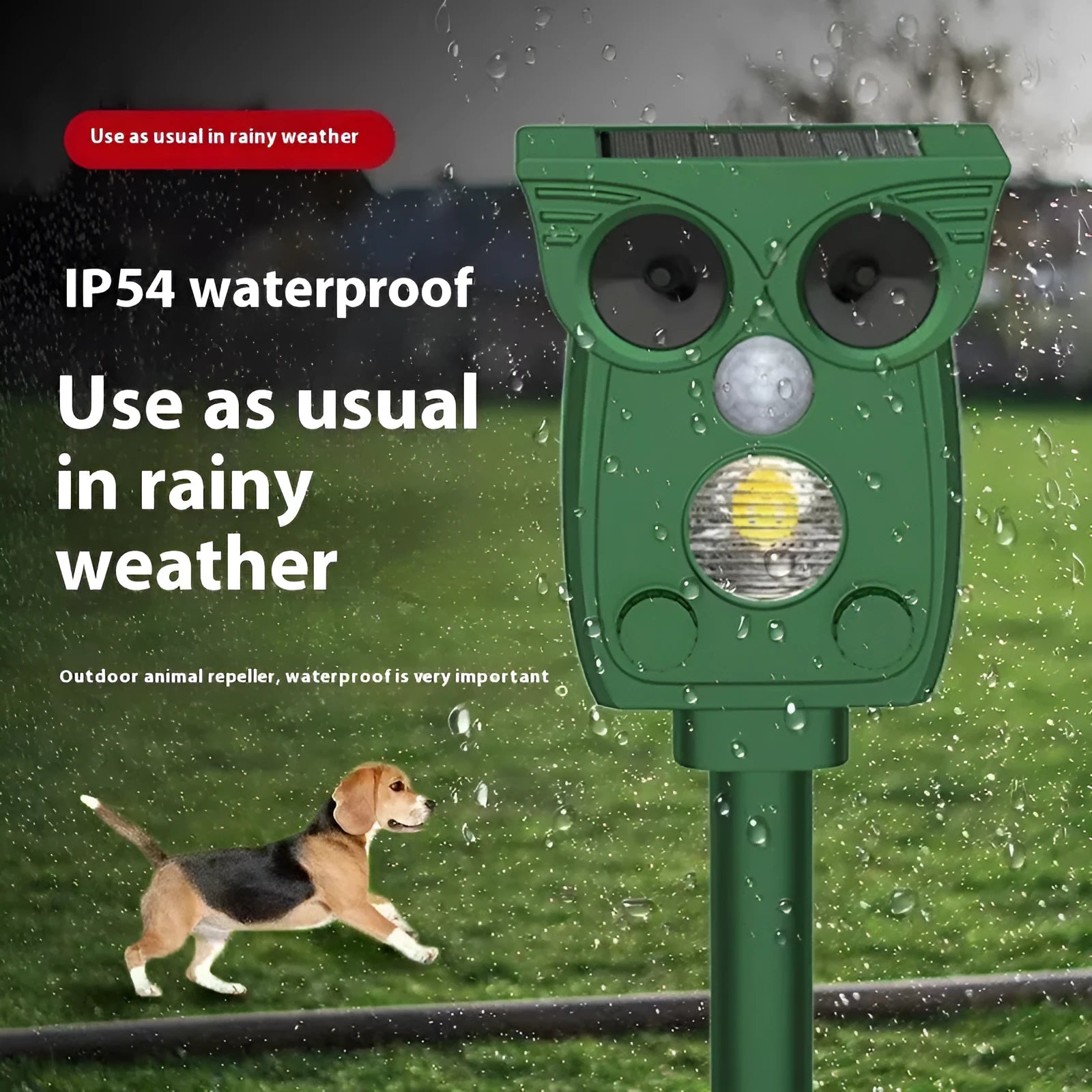 Dark green solar-powered animal repeller with infrared sensor on a garden lawn