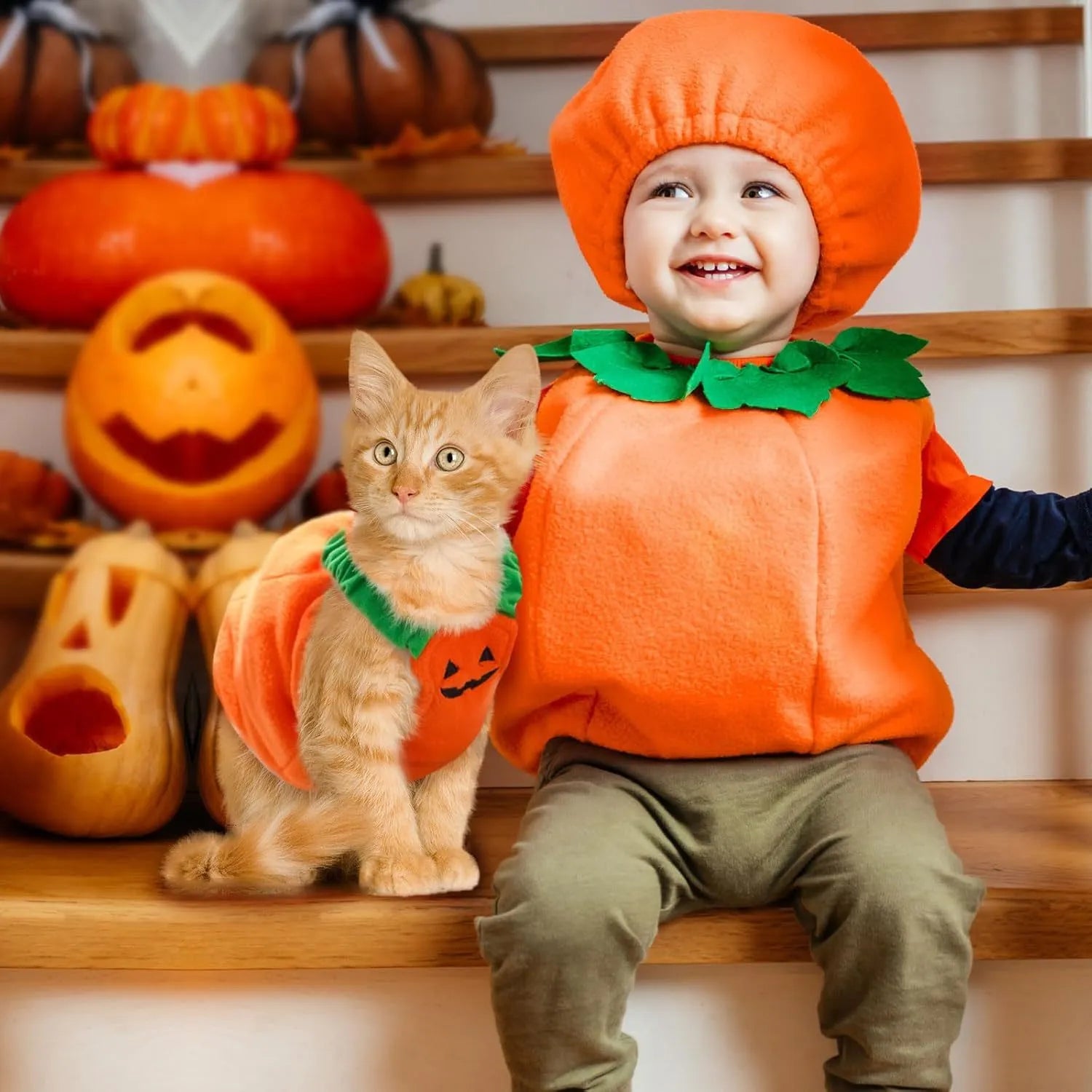 Orange plush pumpkin Halloween costume on small dog with stem decoration and pullover design