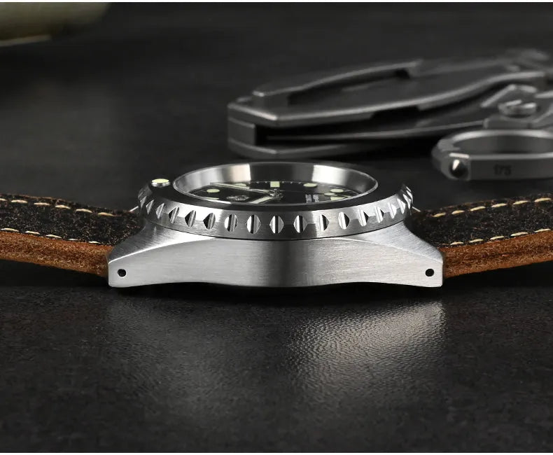 Men's 316L stainless steel diving automatic mechanical watch with black dial, luminous markers, and cowhide strap on white background