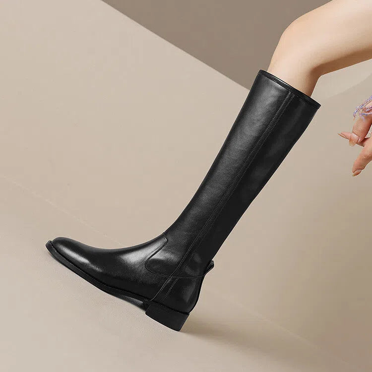 Women's round-toe mid-heel knee-high riding boots in black with cowhide leather upper, side zipper, and chunky heel