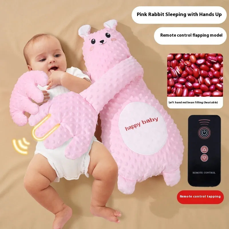 Infant exhaust pillow with remote controlled patting hand, plush material, yellow giraffe design for baby sleep comfort