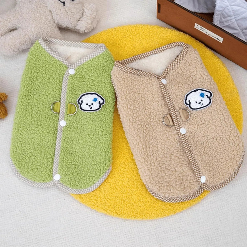 Green coral fleece dog vest with leash ring on back for small dogs