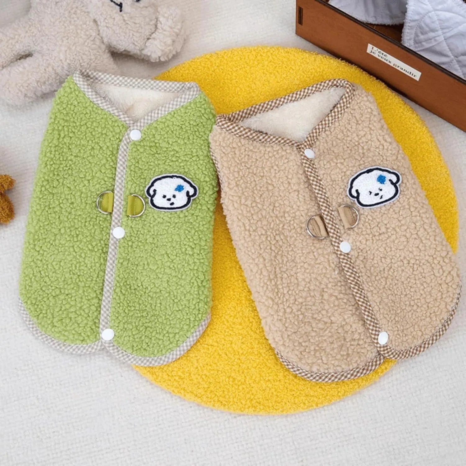 Green coral fleece dog vest with leash ring on back for small dogs