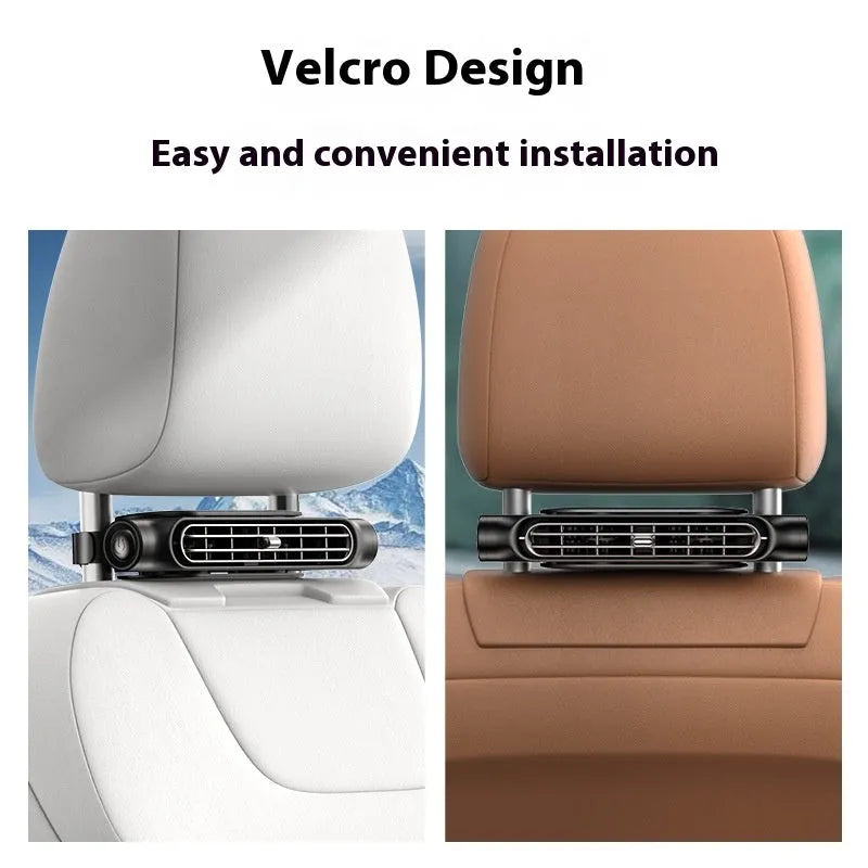Creative New USB plug-in bladeless car fan with Velcro mount in black, white, or beige, showing manual control button.