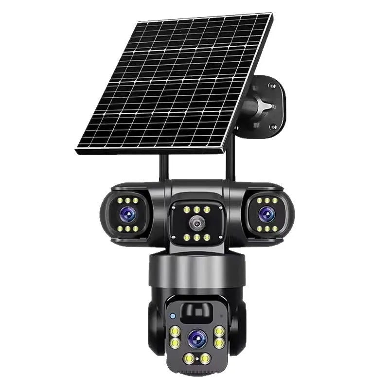 Three-lens solar PTZ security camera in black ABS housing with solar panel for outdoor full colour night vision surveillance