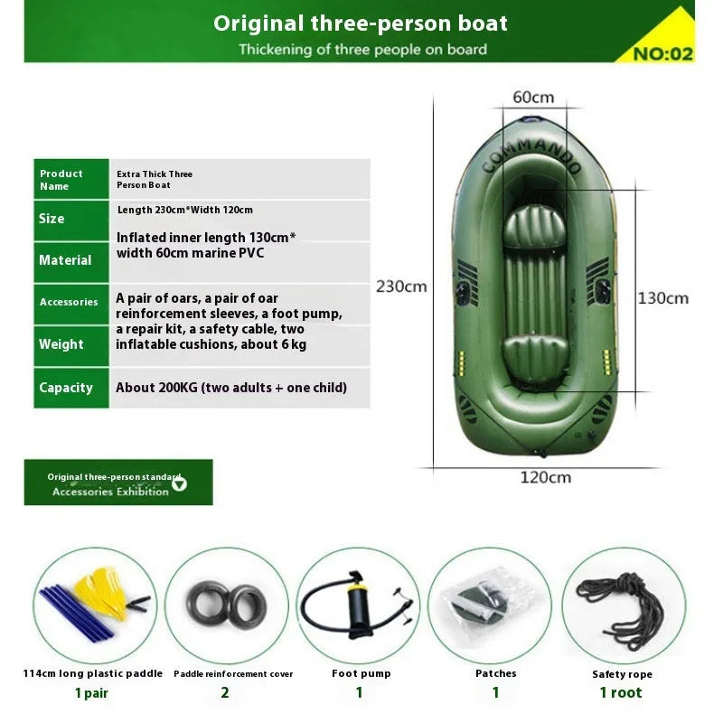 WTY thickened drifting boat kayak in green for two or three people with paddle, pump and repair kit