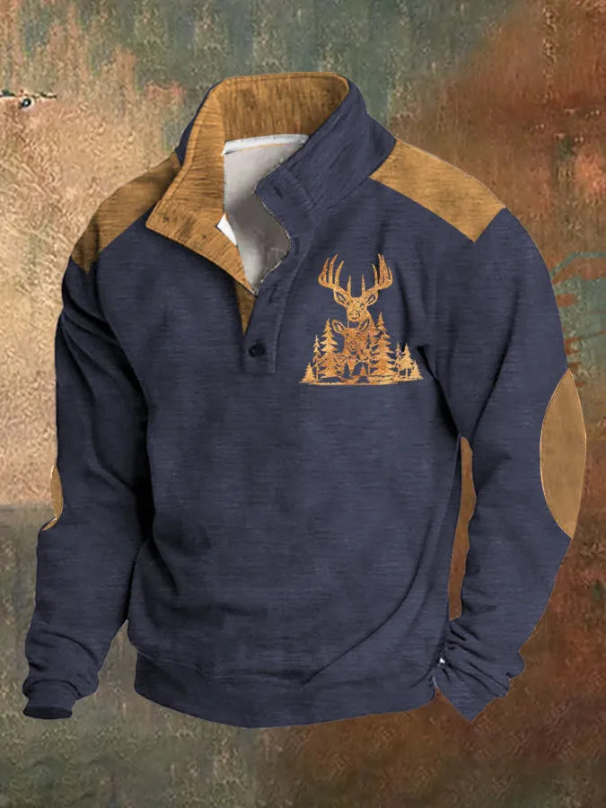 Teenager wearing a loose-fit long-sleeved sweater with a 3D digital print design and four buttons on the front.