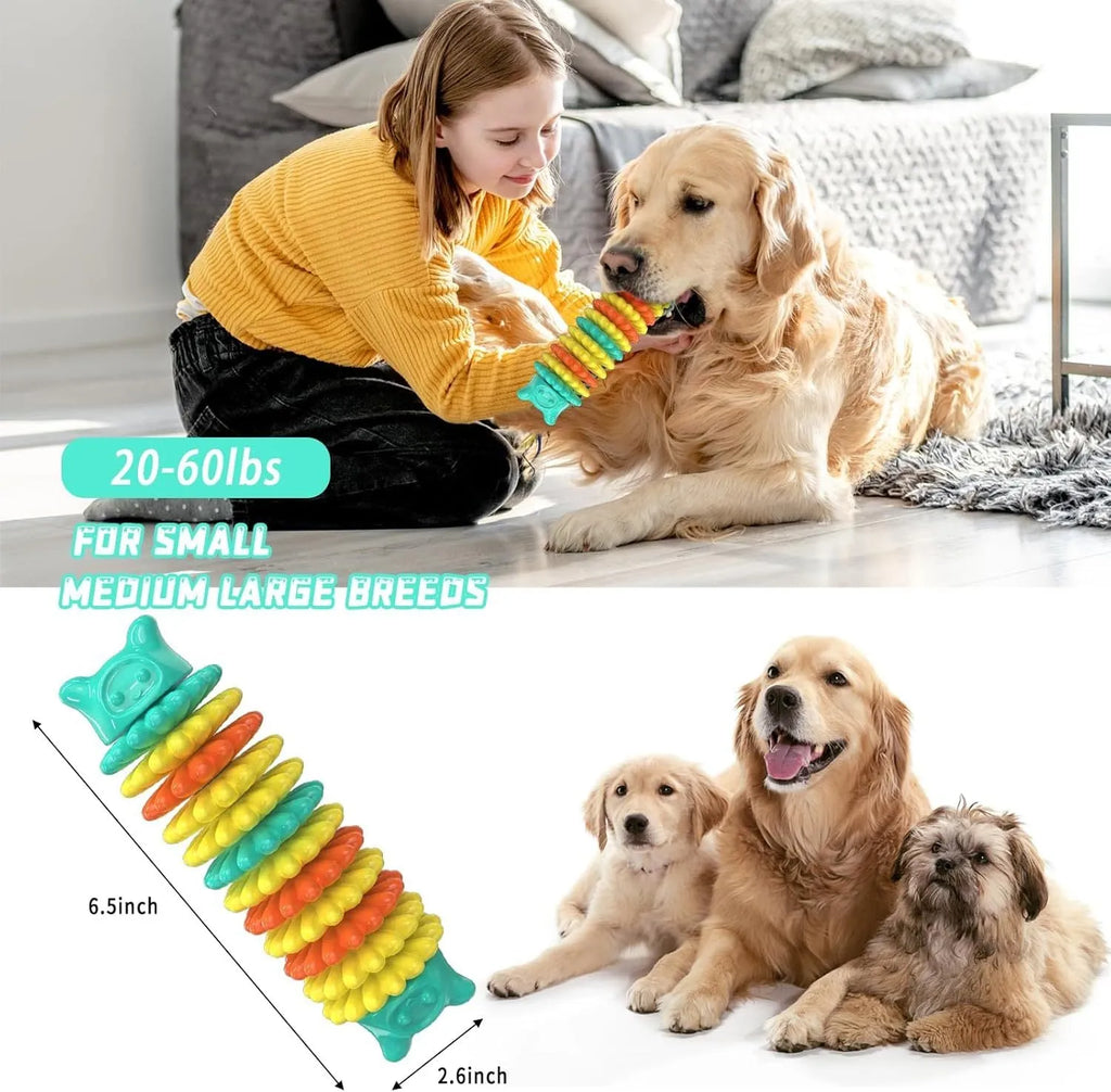Blue natural rubber caterpillar-shaped dog chew toy for aggressive chewers on a white background.