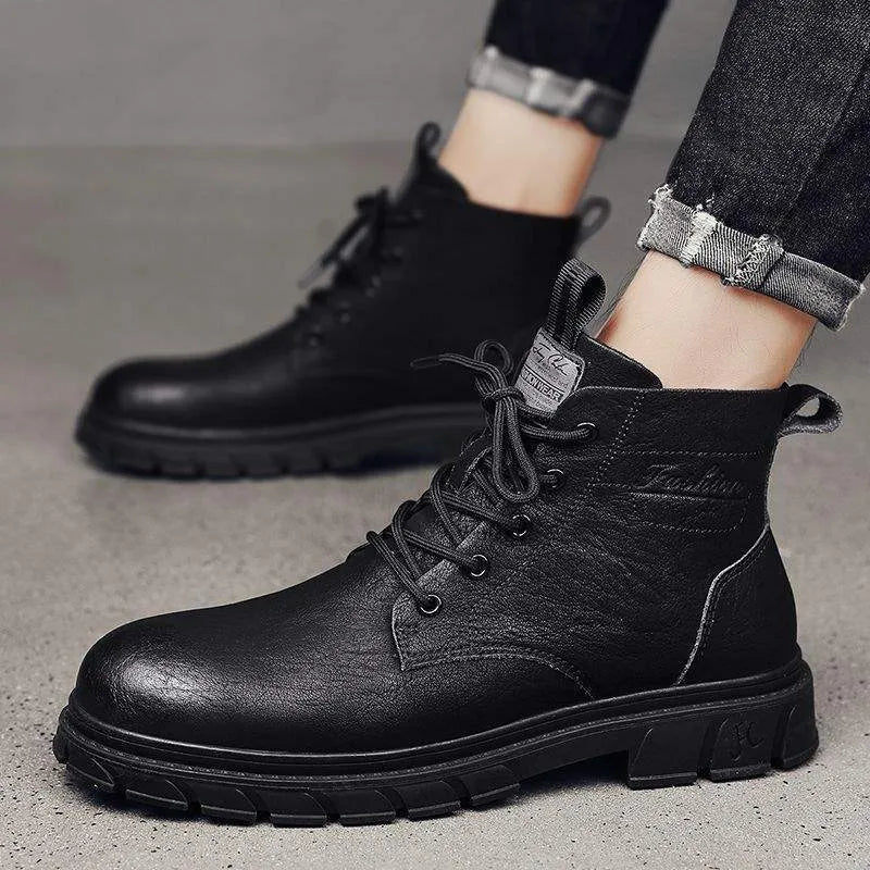 Men's British style low top tooling leather boots in brown with round toe and rubber sole