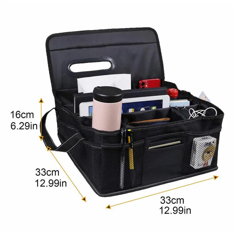 Black Oxford cloth car trunk storage box with reinforced handles and 33x33x16cm dimensions