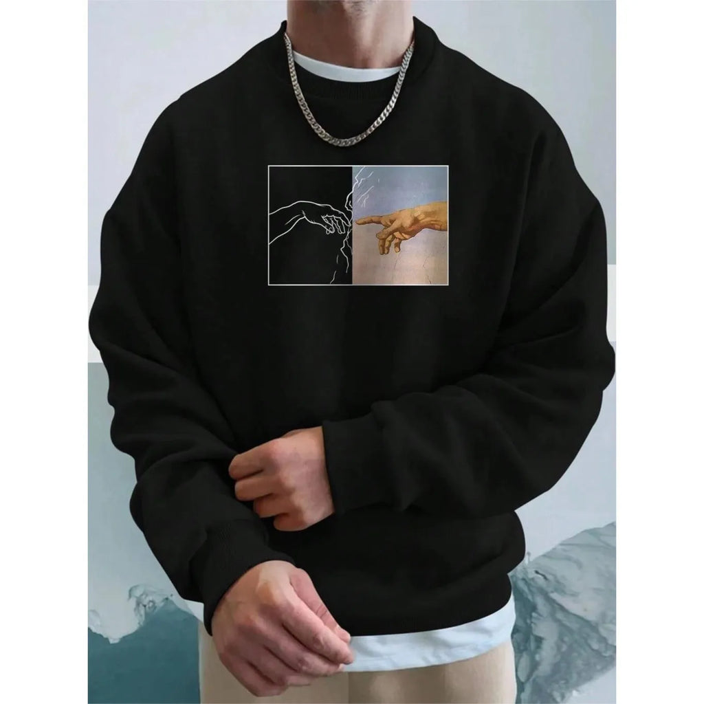 Men's hand printed sweatshirt long sleeve pullover polyester unisex top in white black blue purple
