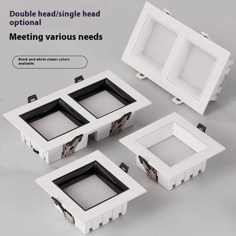 LED ultra-thin square downlight recessed in ceiling grid grille, aluminium shell, side view of flush mount installation