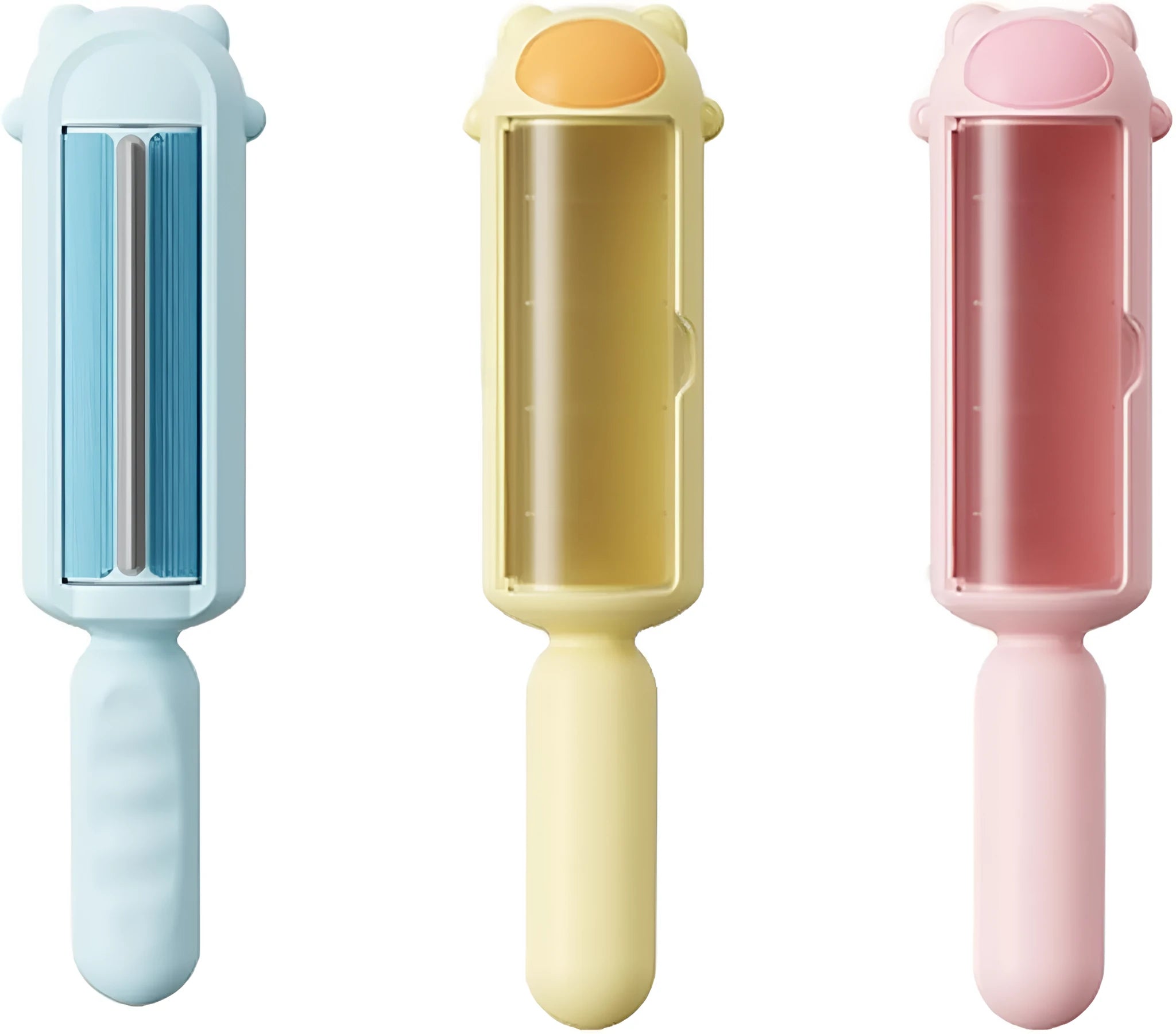 Blue reusable pet hair remover tool with a rolling head and self-cleaning base.