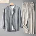 Men's retro thin long sleeve linen Tang suit outfit two-piece set with trousers in flaxen dark blue colour combination on model