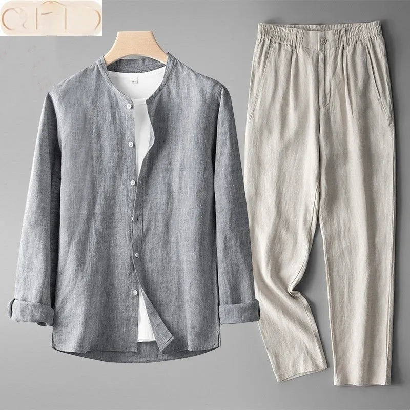 Men's retro thin long sleeve linen Tang suit outfit two-piece set with trousers in flaxen dark blue colour combination on model