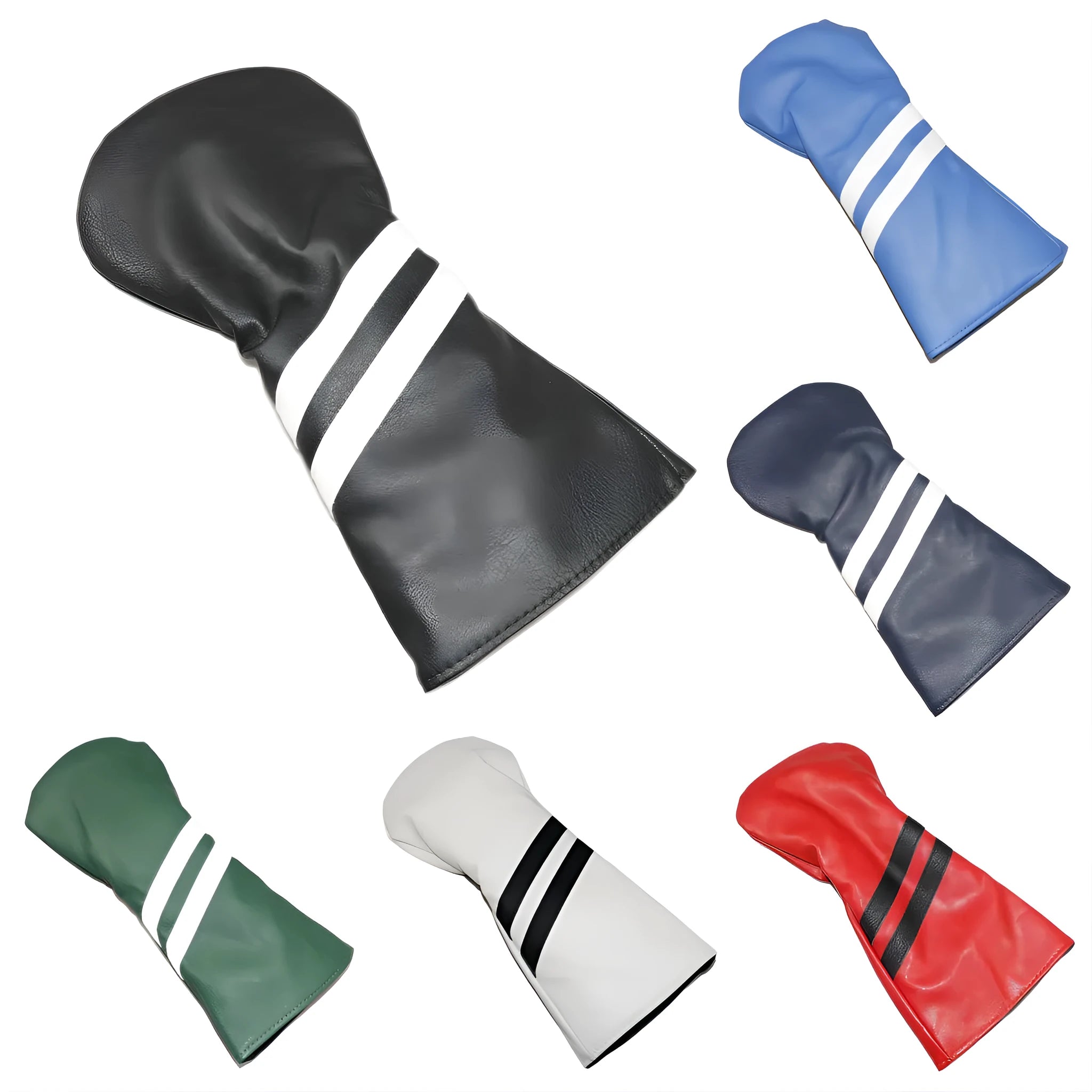 A blue golf club head cover with two white diagonal stripes, shown next to a golf wood.