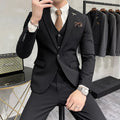 Three-piece men's acetate fibre blend business suit set in light gray with jacket, trousers, and vest.