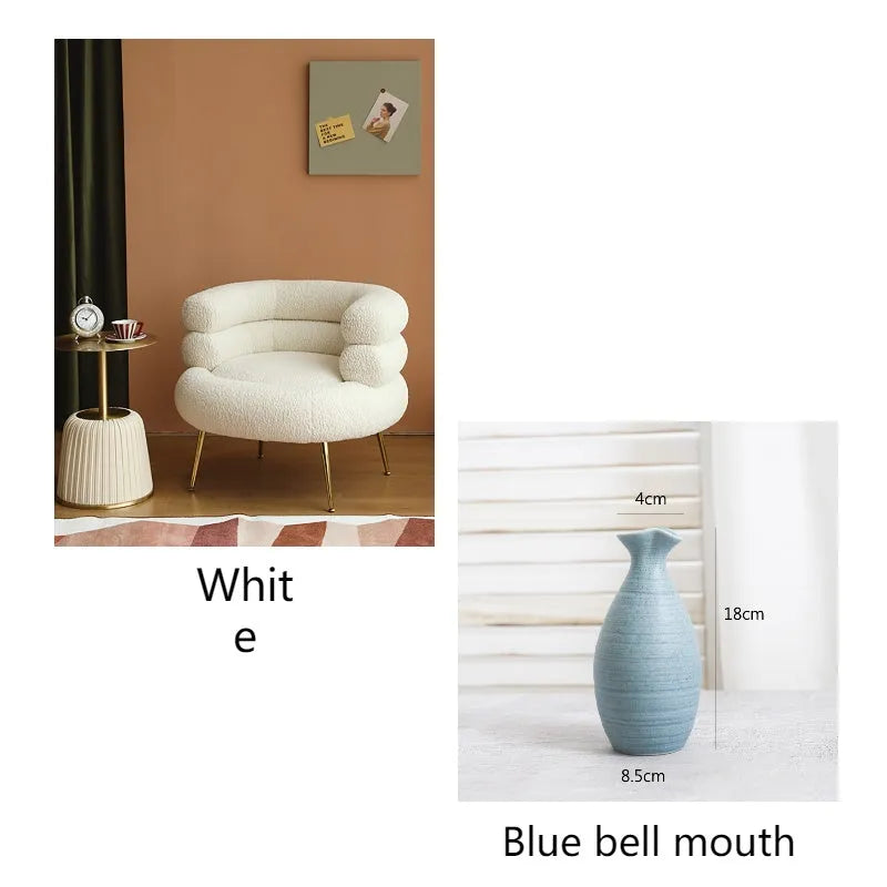 Nordic light luxury hot dog sofa chair in white cloth upholstery with art pattern, suitable for balcony or dressing room