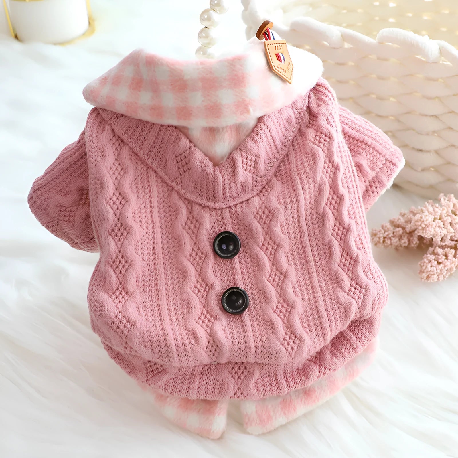 Blue and pink plaid dog sweater with fleece lining and fake two-piece design in sizes XS to XL