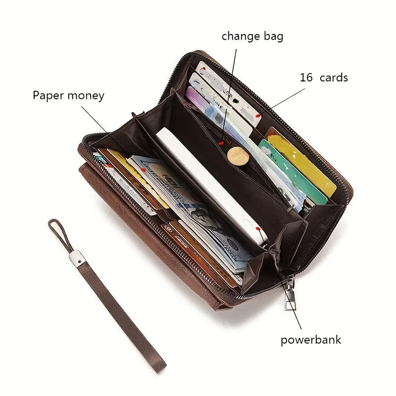 New men's long zipper wallet in black with multiple card slots and large capacity for mobile phone