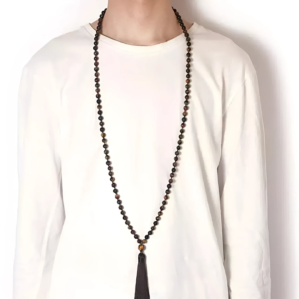 Agate geometric tassel necklace with multicolour stone pattern and adjustable length